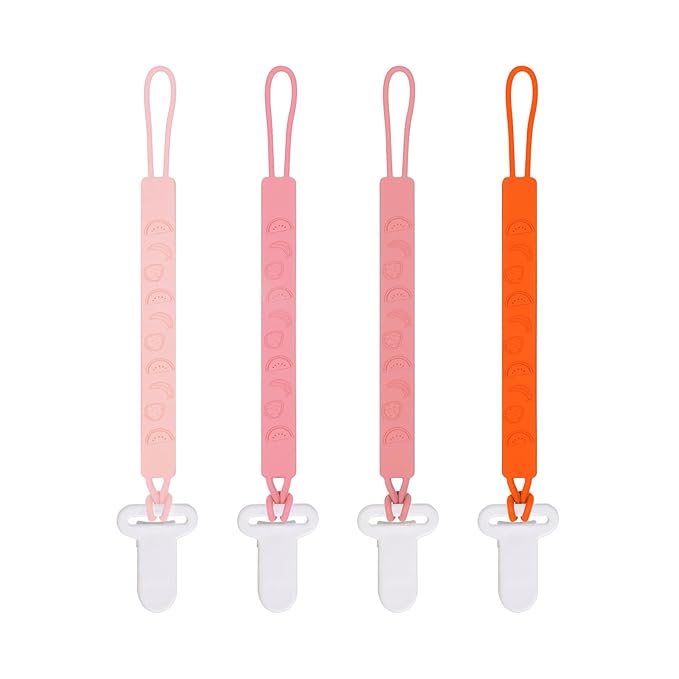 One Piece Design Silicone Pacifier Clip Holder for Baby Boys and Girls,Pack of 4 Flexible Paci Leash,Binky Clips,Newborn Essentials (Fruits, Pink)
