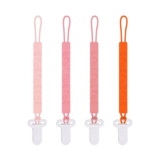One Piece Design Silicone Pacifier Clip Holder for Baby Boys and Girls,Pack of 4 Flexible Paci Leash,Binky Clips,Newborn Essentials (Fruits, Pink)