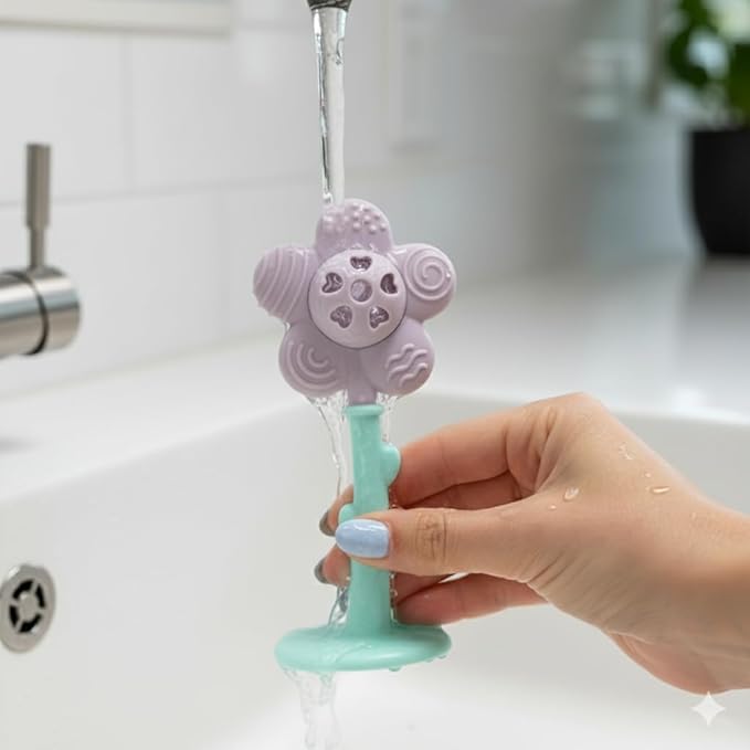 Lulyboo Flower Rattle & Teether Set for Babies - 100% Food Grade Silicone Soft Textures, Gentle Gum Massage, Lightweight Built-in Rattle, Easy-Hold Stem, Age 0+, Durable & Easy-Clean, Soothing Comfort