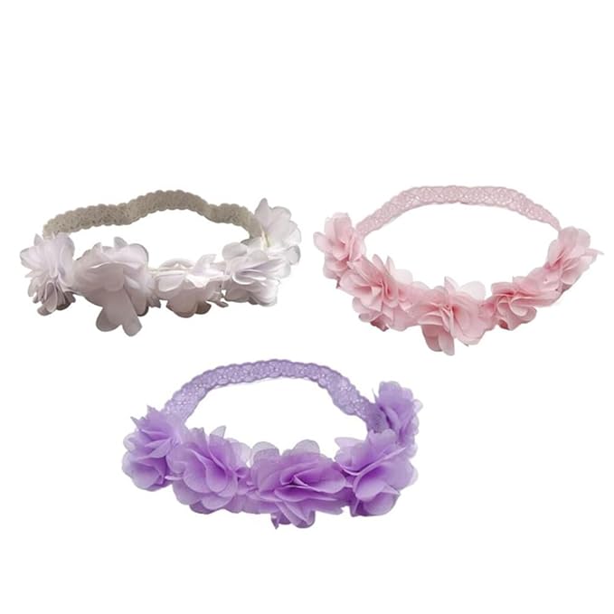 Jilukibo Baby Elastic Lace Bows Flower Headbands, Stretch Gold Princess Floral Hair Band Headwear for Infant Girls Toddler Hair Accessories (3 Pack, White Pink Purple)