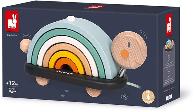 Janod - Sweet Cocoon Wooden Rainbow Turtle Stacking and Pull Toy 7 Piece Building and Nesting Stack with 6 Pastel Arches, Wobbling Head and Tail and String - Ages 18 Months+ - J0440