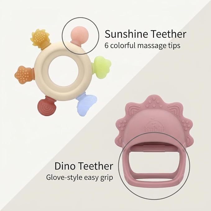 Baby Teething Toys 2 Pack, Dinosaur Mitten Teether and Ring Sun Teether with 6 Chewing Points, Silicone Chew Toys for Infants 0-6 6-12 Months, BPA Free Soothing Gum Relief Set (Pink)