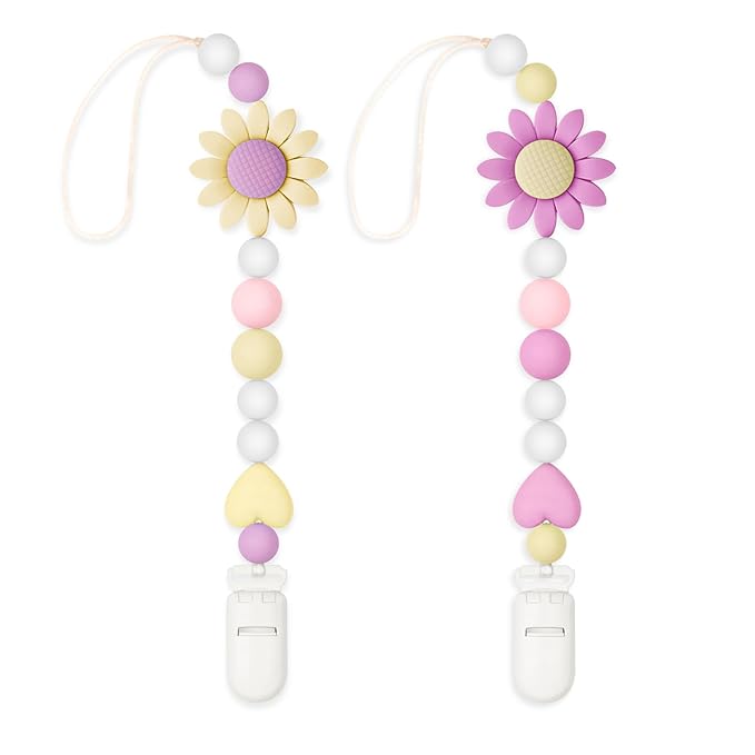 2 Pack Silicone Pacifier Clip for Boys and Girls, Features One-Piece Design Pacifier Strap with Clip, Adorable Sunflower Pacifier Holder for Baby Teethers and Toys