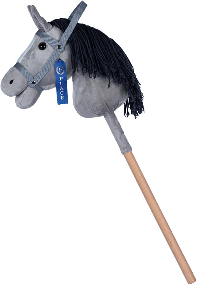 ROCK MY BABY Hobby Horse Plush Stuffed Stick Horse with Award Ribbon for Boys and Girls 3+ Fun Toys for Pretend Play (Gray) CPC Certified
