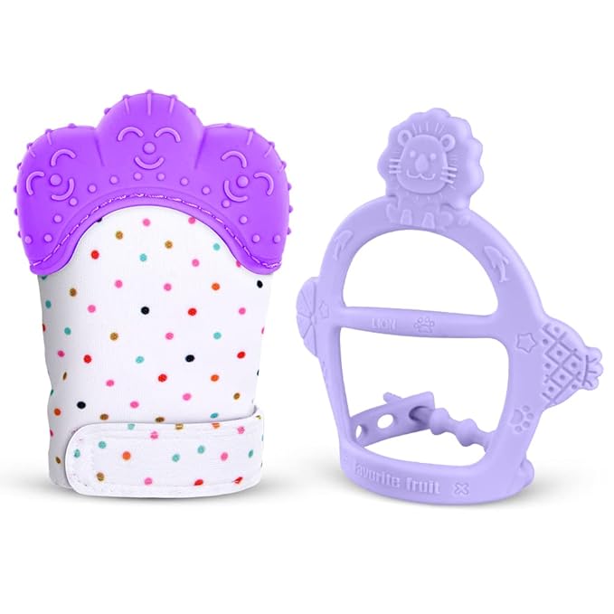 Vicloon Silicone Teething Mitt, 2Pcs Baby Teething Mitten with Adjustable Strap, Crinkle Sound and Textured, Self Soothing Baby Chew Toys for 0-6 Month Infants