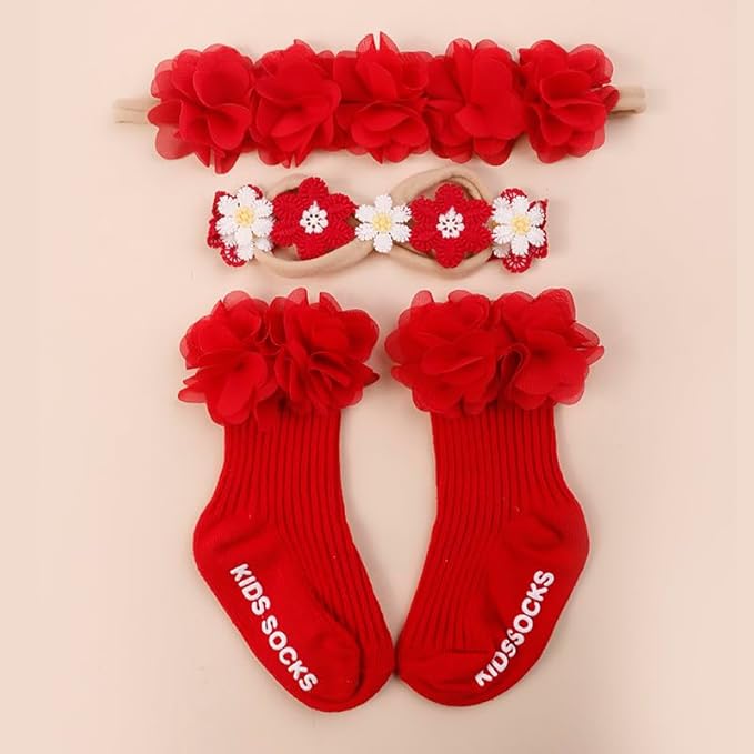 cherrboll Baby Girl Headbands and Socks Set, 3Pcs Soft Floral Hairbands Hair Bows Knit Socks for Newborn Infants Toddlers Photography Props Gifts