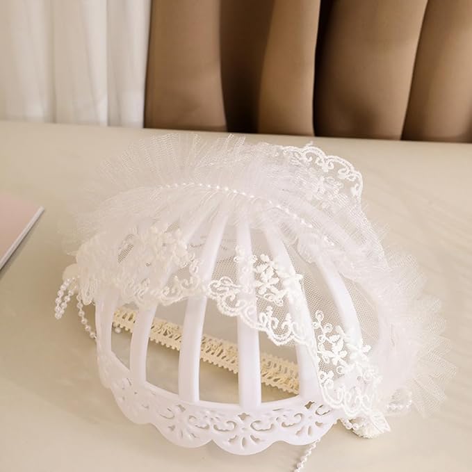 Baby Girls Headband Lacy Bow Pearl Wide Hair Band Turban for Infants Newborn Toddler Floral Ivory Elastic Head Wrap Breathable Sun Bonnet Hair Accessories (White A)