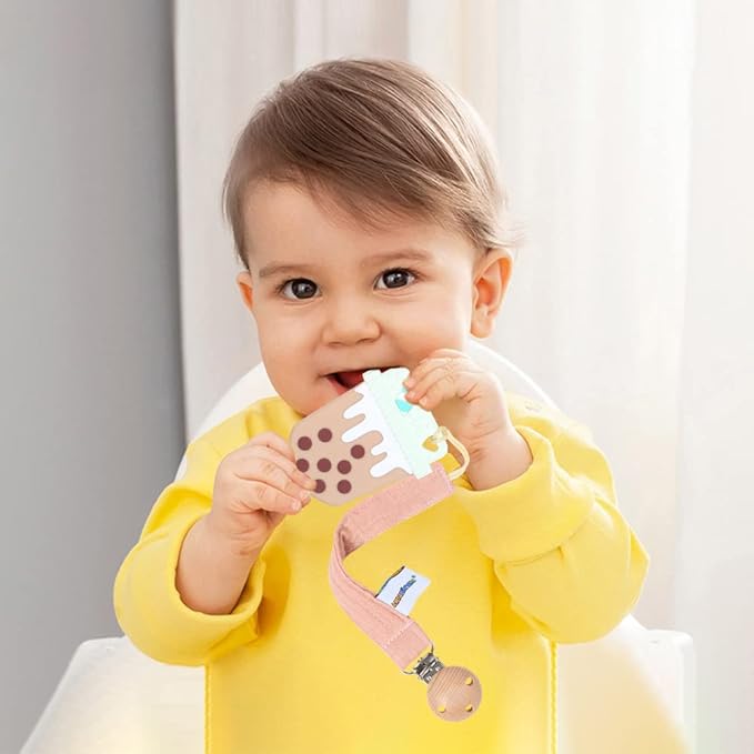Baby Food Grade Silicone Teether Toy with Pacifier Clip Holder,Teething Pain Relief Toys Gift Set for 3 Months+ Boys and Girls,Freezer Safe,BPA Free (Bubble Tea)