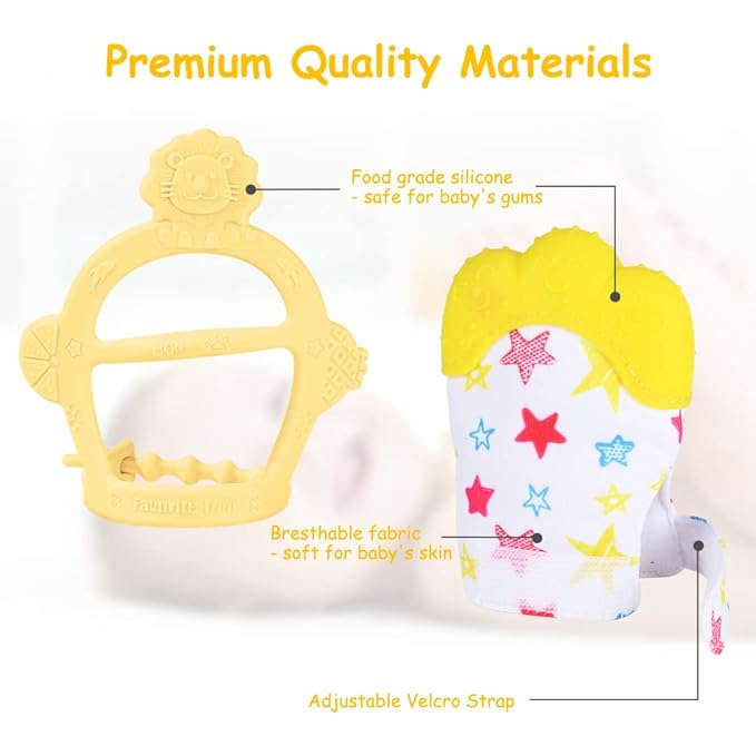 Vicloon Silicone Teething Mitt, 2Pcs Baby Teething Mitten with Adjustable Strap, Crinkle Sound and Textured, Self Soothing Baby Chew Toys for 0-6 Month Infants
