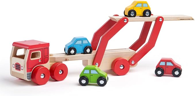 Bigjigs Toys, Wooden Car Transporter, Toy Car Ramp, Wooden Toys, for 1 Year Old Boys, Push Along Baby Vehicle Toy