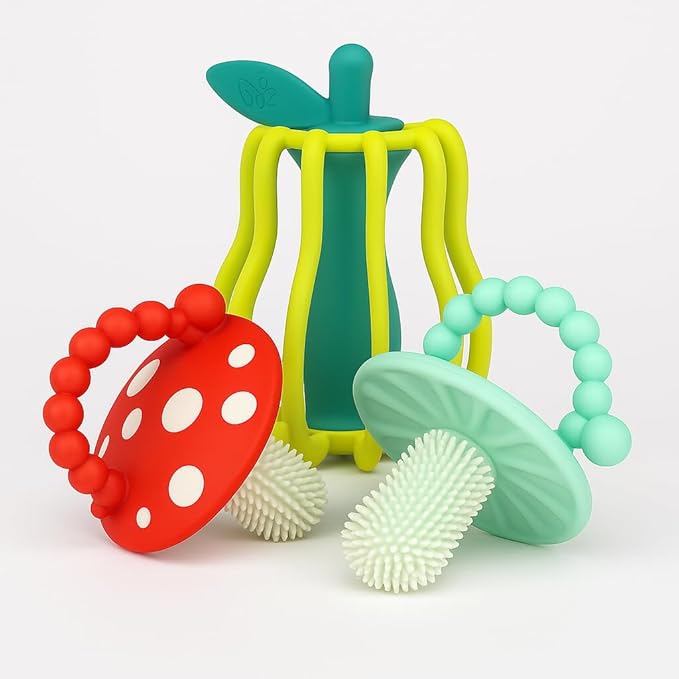 RaZbaby Chompy & RaZ-Pear Teether Set – BPA-Free Silicone Teething Toys for Babies 3M+, Soothing Textures, Rattle Sound, Easy to Hold, Sensory & Gum Relief, Great Gift for Infants