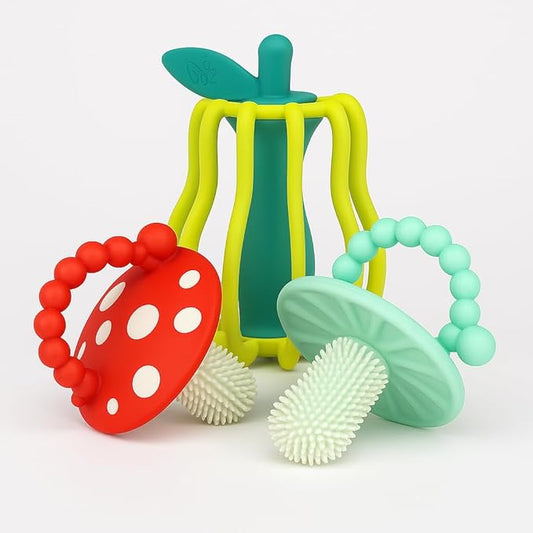 RaZbaby Chompy & RaZ-Pear Teether Set – BPA-Free Silicone Teething Toys for Babies 3M+, Soothing Textures, Rattle Sound, Easy to Hold, Sensory & Gum Relief, Great Gift for Infants