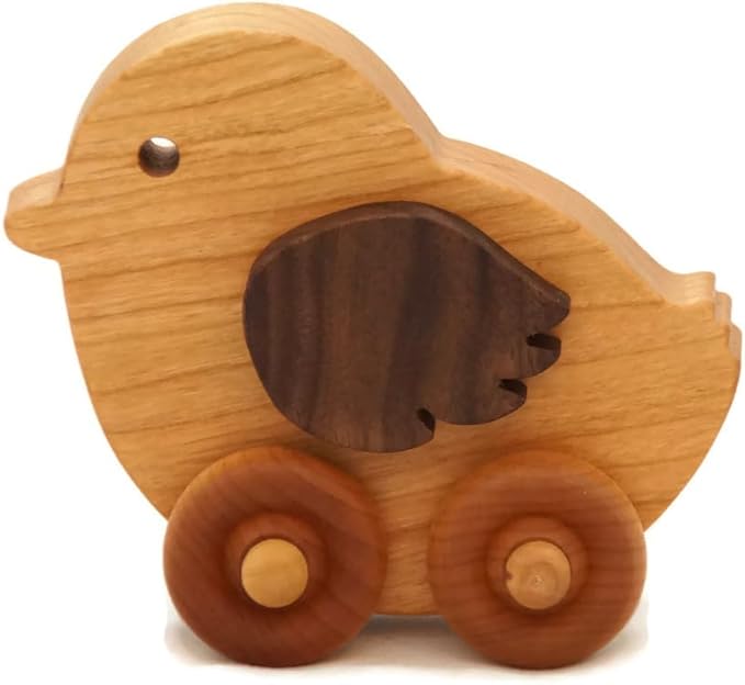 Wooden Chicken Toy Car – Easter Basket Gift for Toddlers & Kids, Handmade Wooden Push Toy, Natural Wood Farm Animal Toy