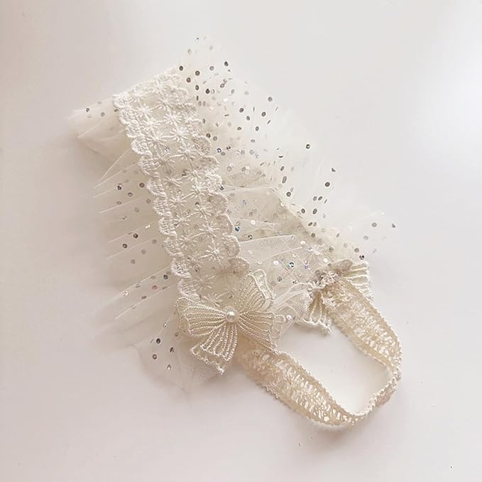 Baby Girls Headband Lacy Bow Pearl Wide Hair Band Turban for Infants Newborn Toddler Floral Ivory Elastic Head Wrap Breathable Sun Bonnet Hair Accessories (Ivory C)