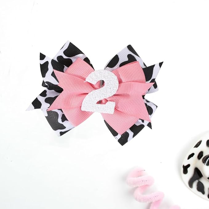 Birthday Hair Clips for Baby Girls - 2Pc Cow Print Bow with White Number Hair Clips for 2nd Birthday Baby Bow Party Decorations for Girls Toddlers Hair Accessories (Cow Print -2 Years)