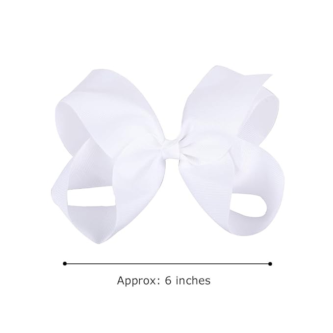 DEEKA 12 PCS 6" Big Hand-made Grosgrain Ribbon Hair Bow Alligator Clips Hair Accessories for Little Teen Toddler Girls - White