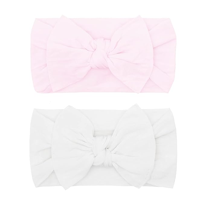Baby Bling Bows - Newborn to Little Baby Girl Bows, 2 Pack Nylon Super Soft Stretchy Knot Toddler Headbands, Perfect Hair Accessories Head Bands for Infant Kids(Pink & White)