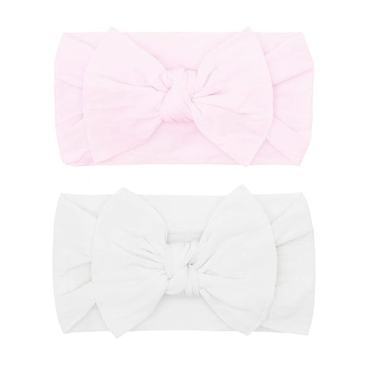 Baby Bling Bows - Newborn to Little Baby Girl Bows, 2 Pack Nylon Super Soft Stretchy Knot Toddler Headbands, Perfect Hair Accessories Head Bands for Infant Kids(Pink & White)
