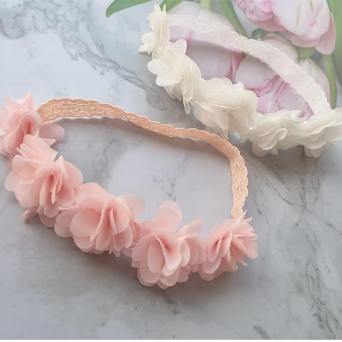 Jilukibo Baby Elastic Lace Bows Flower Headbands, Stretch Gold Princess Floral Hair Band Headwear for Infant Girls Toddler Hair Accessories (2 Pack, White Pink)