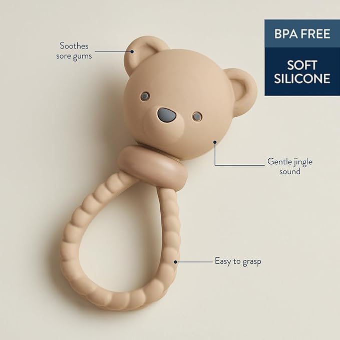 Itzy Ritzy Silicone Rattle Toy – Soothing Teething Toy with Soft Jingle Sound & Easy-Grip Textured Handle - for Ages 3 Months and Up (Bear)