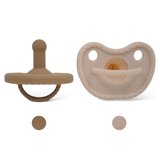 Round Silicone Pacifiers (Set of 2) – 100% Food-Grade, One-Piece Design, Soft Round Nipple, Airflow Shield, Multi-Use Pacifier & Soother for Newborns and Infants 0+ Months - Beige/Hazel - Mila & Lulu