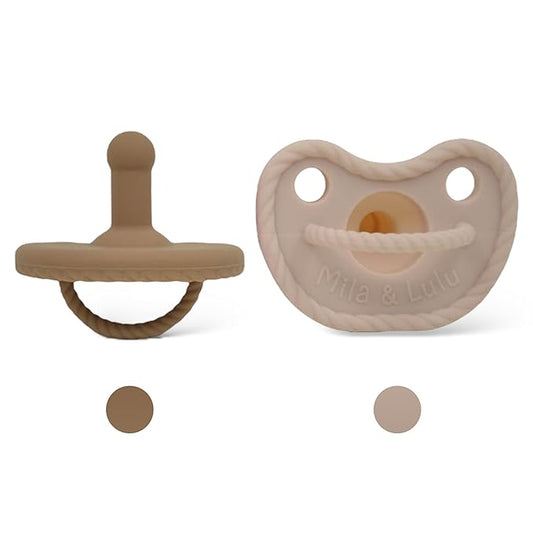 Round Silicone Pacifiers (Set of 2) – 100% Food-Grade, One-Piece Design, Soft Round Nipple, Airflow Shield, Multi-Use Pacifier & Soother for Newborns and Infants 0+ Months - Beige/Hazel - Mila & Lulu