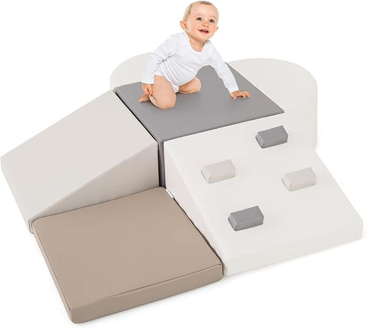 Olakids Climbing Toys for Toddlers, 6 Pieces Baby Foam Blocks Soft Play Set with PU Leather, Indoor Kids Climb and Crawl Sliding Activity Structure Gym Playground Climber (Gray)