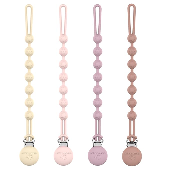 Cuddle Campus Silicone Pacifier Clip Holder with One Piece Design,Soft Flexible Binky Clips with Texture for Baby Boy and Girl Pack of 4(6m+)