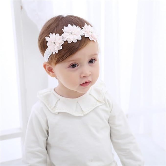 Floral Lace Hair Bow for Baby Girls Soft Stretch Headband for Newborns to Toddlers Baby Shower Birthday Hair Band 0-36 Months (Pink pearl, Free)