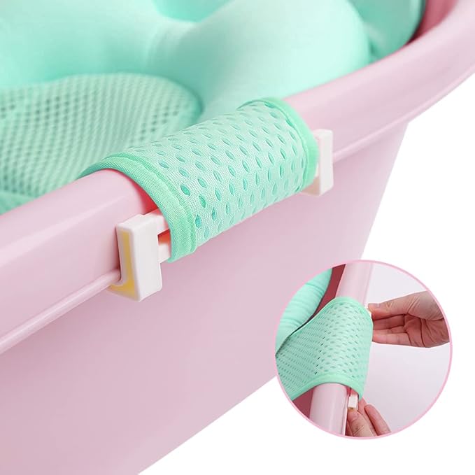 Baby Flotation Bath Cushion Infant Bath Seat Support Net Newborn Bathtub Mesh Pad with Pillow Baby Shower Lie Seat Toddler Bathing Shower Breathable Mat for 0-24 Months