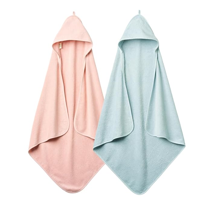 Hooded Baby Towels - 100% Organic Cotton Baby Bath Towels, 32" x 32" Super-Soft and Absorbent Baby Towels for Newborn 2-Pack (Blush/Baby Blue)
