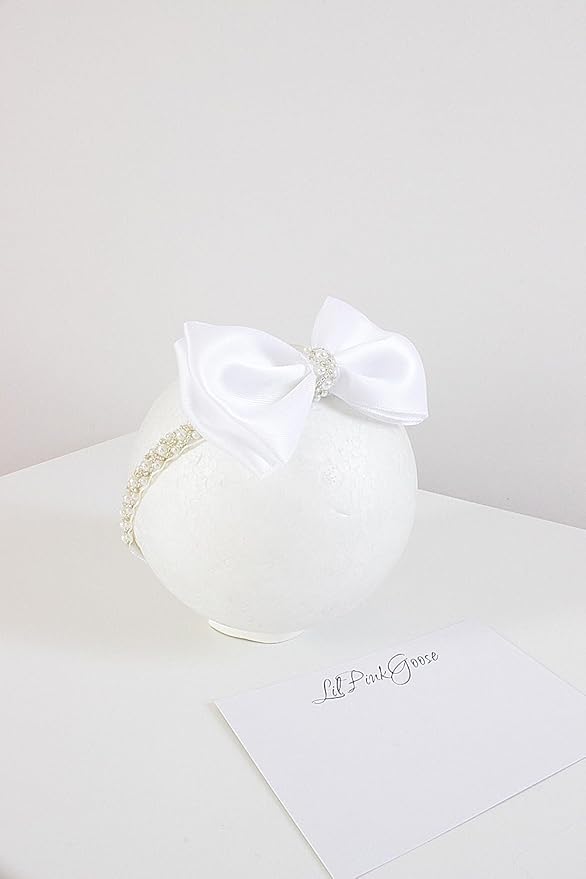 0-12 Newborn Baby Baptism Pearl Headband or Clip with Bow in WHITE Christening Headband with Satin Bow, Pearl Rhinestone Band (Pink(0-3Months), 1 Count (Pack of 1))