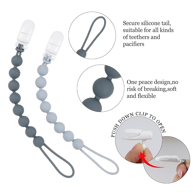 4 Pcs Gray Baby Silicone Teething Pacifier Clip,One-piece Design,Round Shape,Smooth Surface,BPA Free.