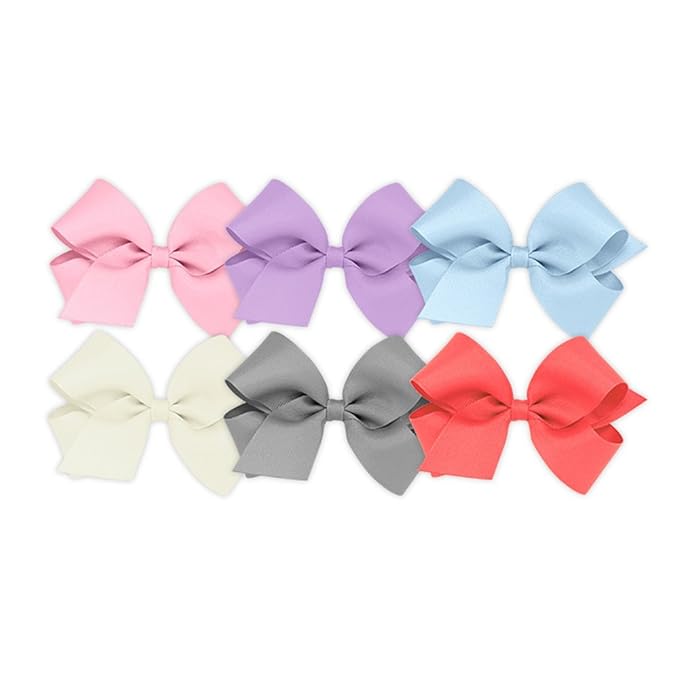 Wee Ones Girls' 6 Piece Set of Bows, Solid Grosgrain Variety Pack on a WeeStay No-Slip Hair Clip, Medium, Pearl Pink, Light Orchid, Millennium Blue, Antique White, Gray, Watermelon