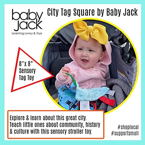 Baby Jack & Co 8x8” Learning Lovey Dallas Texas Tag Toys for Babies - Baby Crinkle Toys - Soft & Safe - Learn USA Cities and Shapes - Ideal Baby Toy & Gift BPA Free w/Stroller Clip