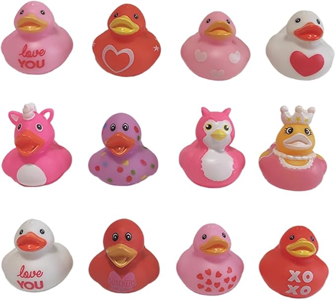 12 Pcs Assorted Rubber Ducks Pink Heart Ducks,Small Rubber Ducks in Bulk Baby Shower Bath Toy for for Jeep Ducking Birthday Party Favors Classroom Incentives