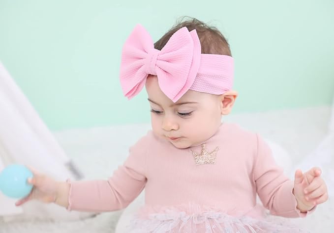Cinaci 12 Pack Stretchy Elastic Wide Nylon Headbands with Solid Knot Big Hair Bow Headwraps Large Oversized Hair Bows Accessories for Baby Girls Infants Toddlers Kids