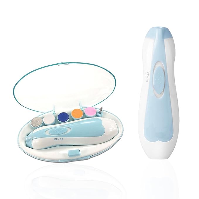 6 in 1Electric Baby Nail Clippers Set with Travel Case- Safe Baby Nail File trimmer for Newborn or Toddler Toes and Fingernails, Battery Operated (AA Not Include) Blue