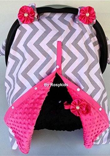 Rosy Kids Infant Carseat Canopy Cover 4pc Whole Caboodle, Baby Car Seat Cover and Canopy Cover Outdoor Traveling Kit, Grey Chevron Hot Pink Cover