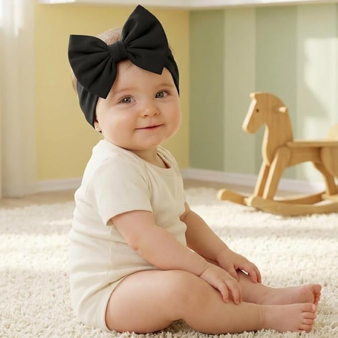 Newborn Baby Girl Headband 0–6 Months – Soft Cotton Big Bow Headband for Infants, Stretchy Baby Hair Band, 4.3" (11 cm) Bow, 2.4" (6 cm) Band (Black, 0-6 Month)
