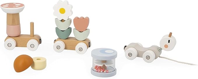 Janod Snail Train - 2 Wagons and 10 Pieces Including Removable Rattle - Pull Toy - Wood and Water Painting - Develop Fine Motor Skills - from 12 Months, J04010, Multi-Coloured
