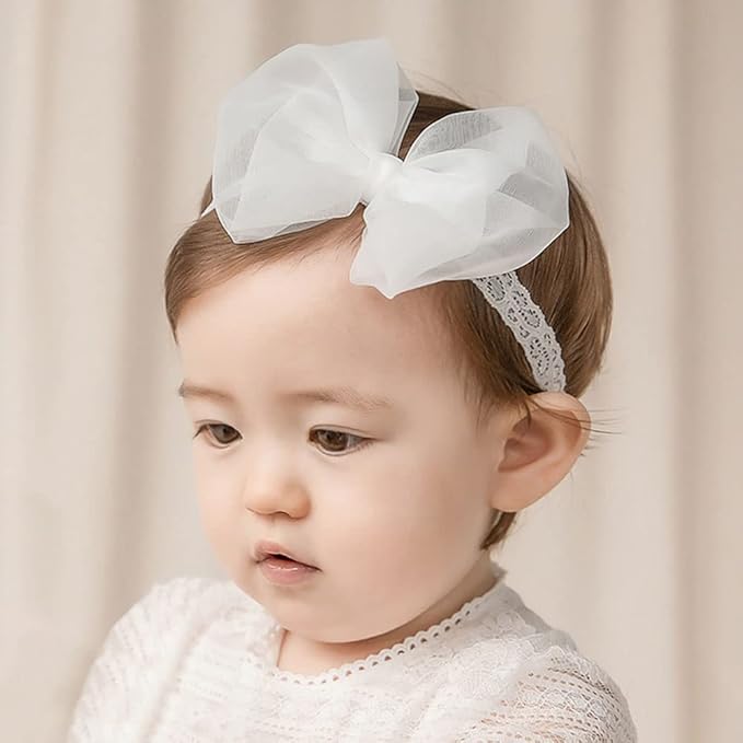 Baby Girls Lace Bow Headband Cute Chiffon Bow-Knot Toddler Hairband Elastic Soft Lace Infants Birthday Party Hair Accessories (White-2, One size)