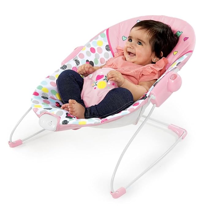 Bright Starts Disney Baby Minnie Mouse Baby Bouncer Soothing Vibrations Plush Infant Seat - Removable Toy Bar, Nonslip Feet, 0-6 Months Up to 20 lbs (Spotty Dotty)