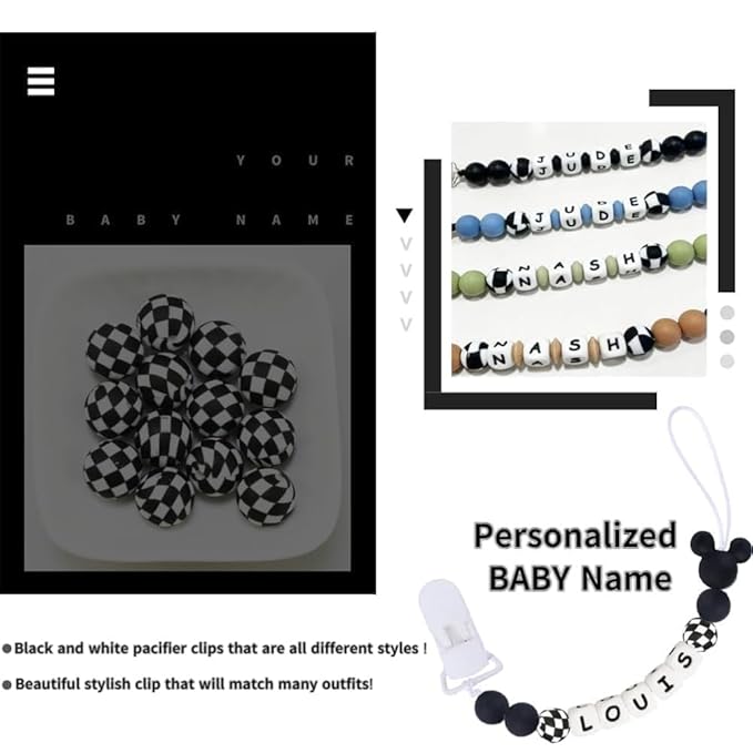 Personalized Pacifier Clip with Name Black Checkered Pacifier Holder Custom Name for Boy Mom Gift (Checkered)