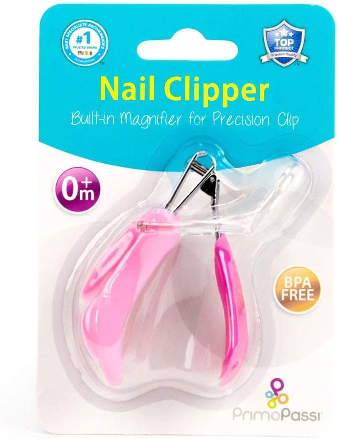 Primo Passi Baby Nail Clipper with Magnifier – Infant & Toddler Nail Trimmer with 5X Magnifying Glass, Safe Baby Nail Care Grooming Tool (Pink)