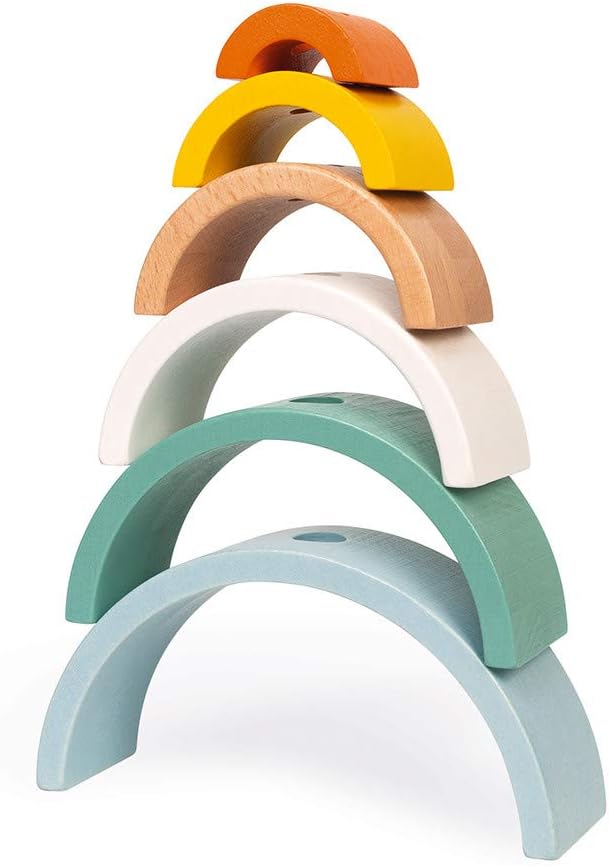 Janod - Sweet Cocoon Wooden Rainbow Turtle Stacking and Pull Toy 7 Piece Building and Nesting Stack with 6 Pastel Arches, Wobbling Head and Tail and String - Ages 18 Months+ - J0440