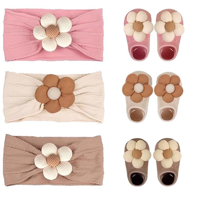 Baby Girl Cute Headband & Socks Combo - Non-Slip Floral Grips Socks & Soft Flower Nylon Hairbands, Essential Hair Accessories for Kids Infants (1-3 Years, Pink Beige khaki)