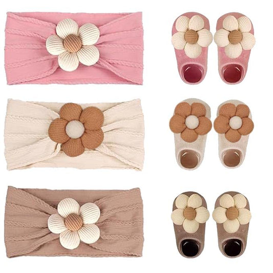 Baby Girl Cute Headband & Socks Combo - Non-Slip Floral Grips Socks & Soft Flower Nylon Hairbands, Essential Hair Accessories for Kids Infants (1-3 Years, Pink Beige khaki)
