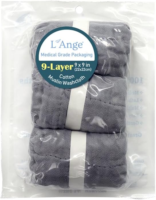L'Ange Baby Washcloths and Burp Cloths Set - 3 Pack of 9 Layer 100% Cotton Muslin for Sensitive Skin - Super Absorbent - Medical Grade Packaging for Infants Newborns and Toddlers