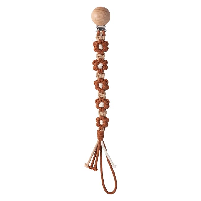 Pacifier Clip for Boys Girls Floral Daisy Macrame Paci Clip Boho Wooden Clips Handmade Braided Cotton Pacifier Holder Leash Baby Shower Birthday Gift (Caramel